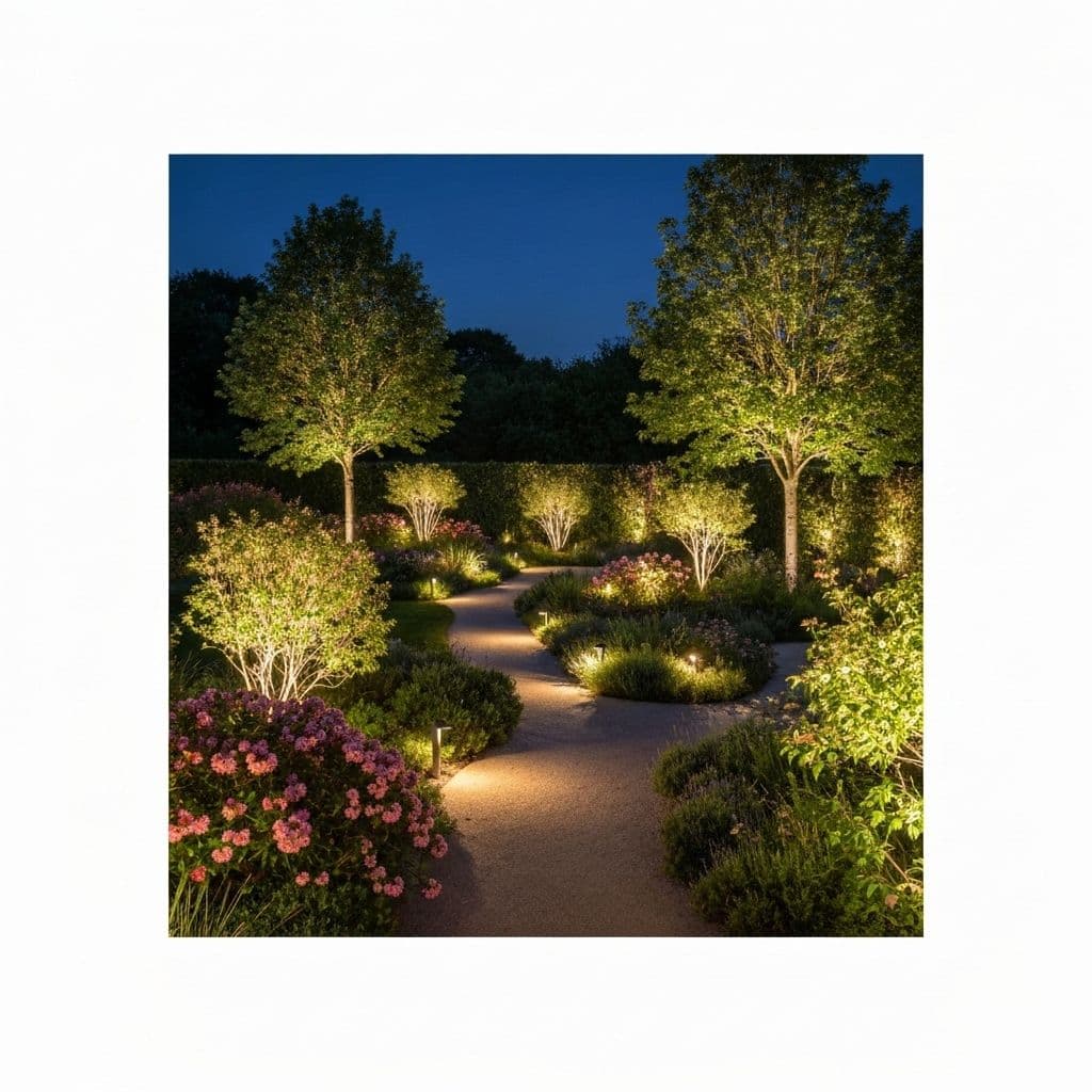 Completed garden lighting showing beautiful nighttime transformation