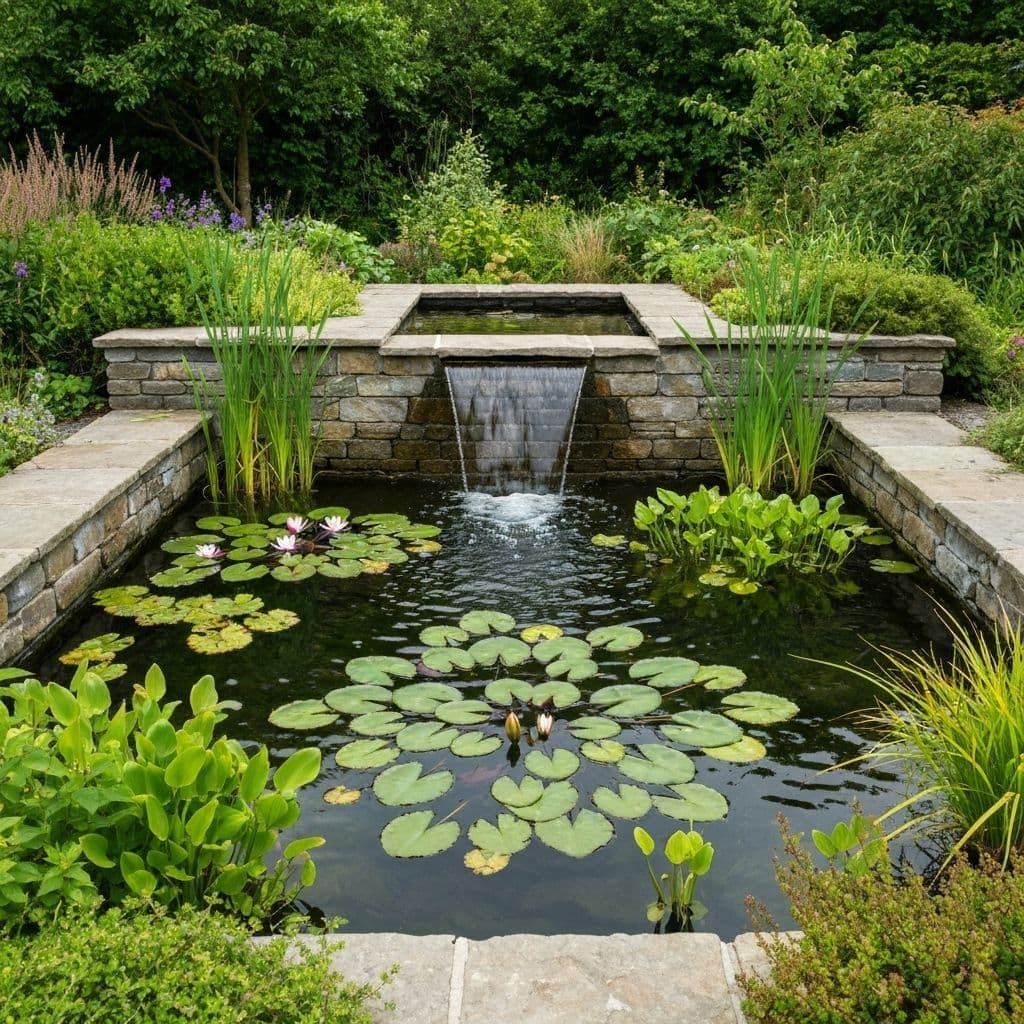 Completed water feature showing beautiful garden transformation