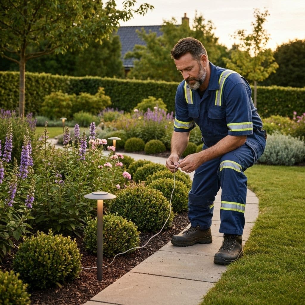 Professional garden lighting installation in progress