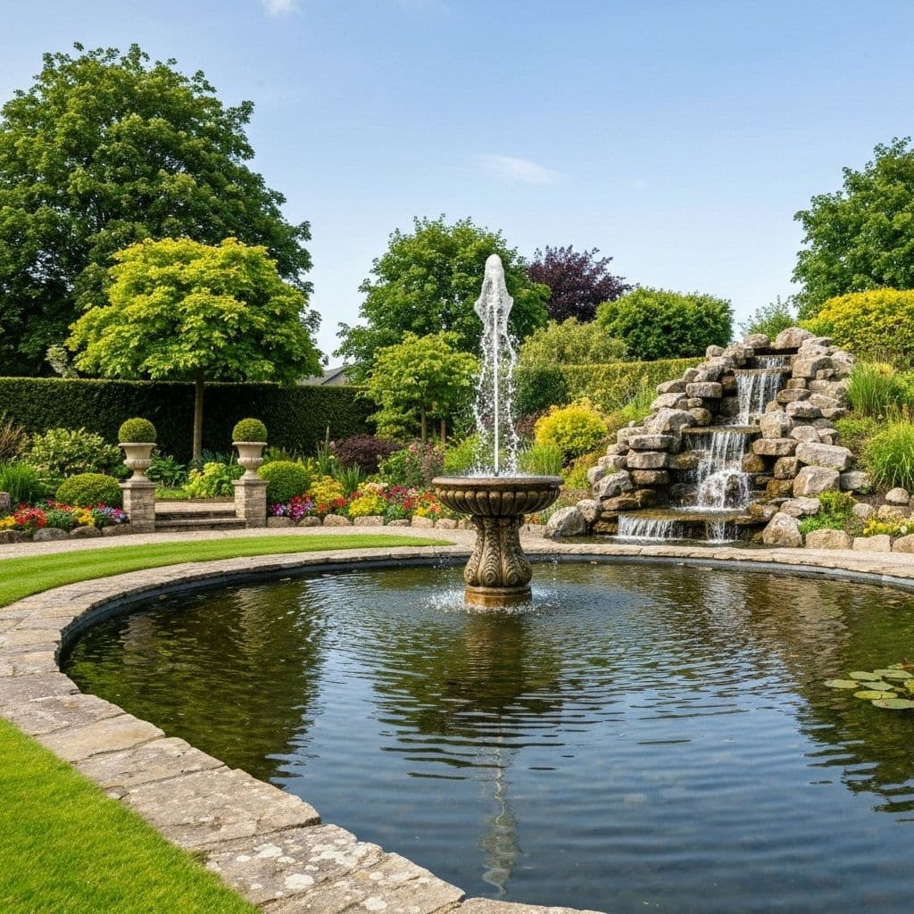 Different types of water features including ponds and fountains