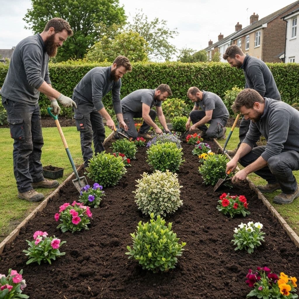 Professional planting installation in progress