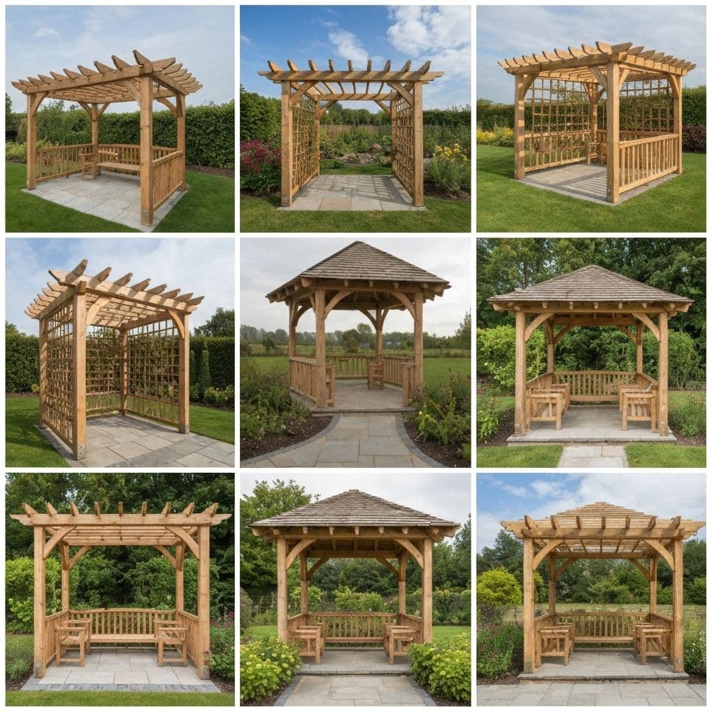 Various timber structures in Belfast including pergolas and gazebos